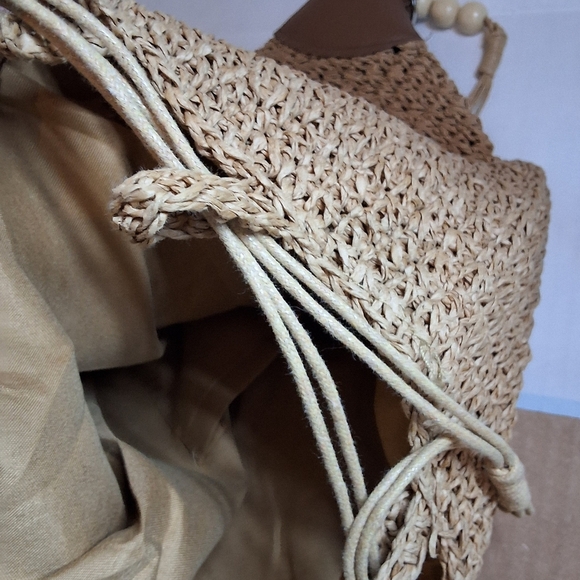 Tan Woven Paper Raffia Drawstring Backpack - Picture 11 of 15